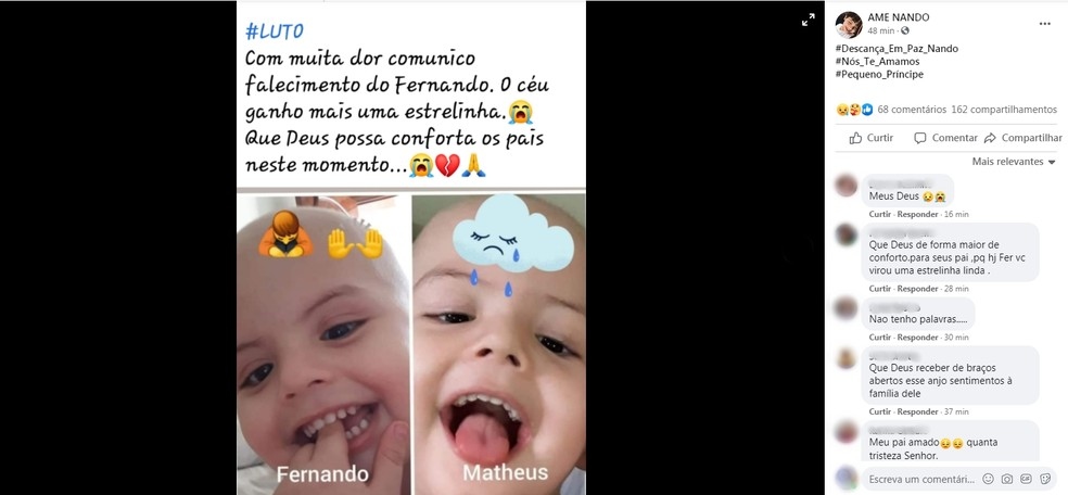 Pgina do Facebook publicou nota lamentando morte de Fernando Foto ReproduoFacebook