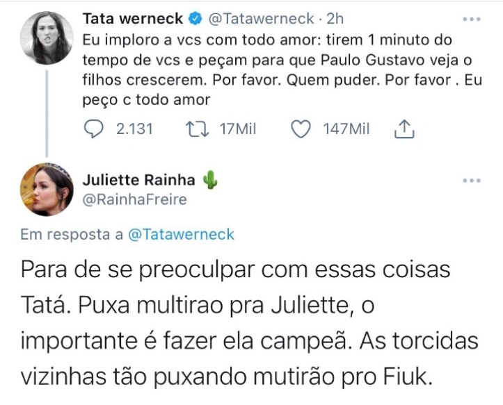 Resposta de internauta em post de Tata Werneck sobre Paulo Gustavo no Twitter