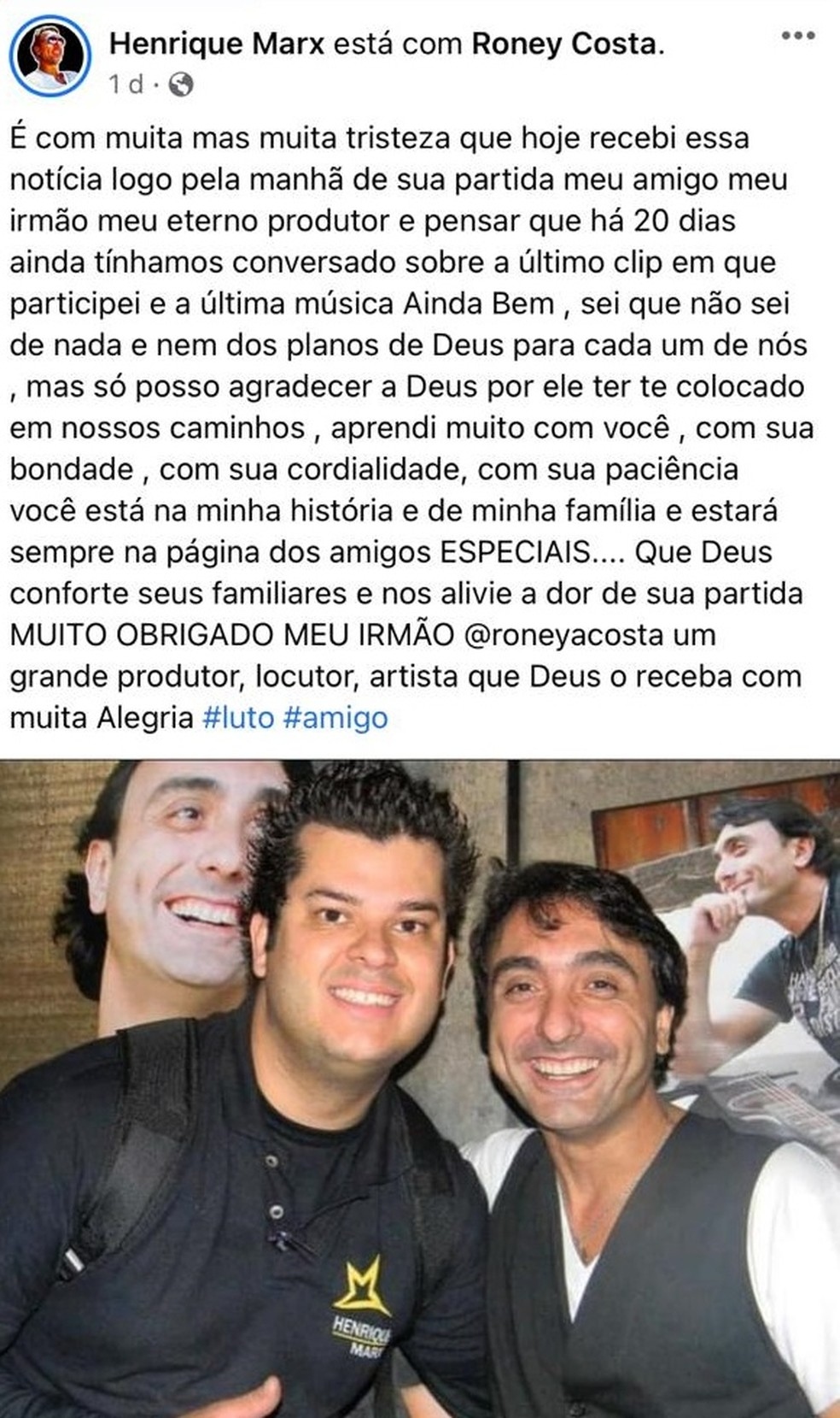 Mdico cantor Henrique Marx prestou homenagem nas redes sociais Foto ReproduoFacebook