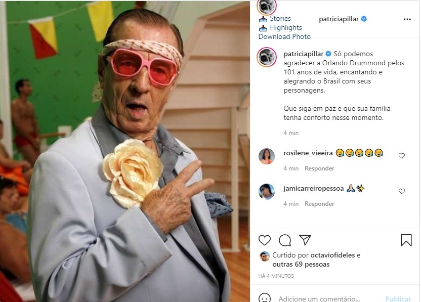 Patrcia Pillar faz homenagem a Orlando Drummond Foto Reproduo Instagram