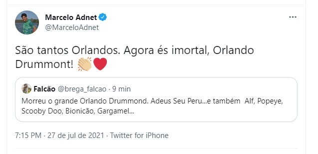 Marcelo Adnet e Falco se despedem de Orlando Drummond Foto Reproduo Twitter