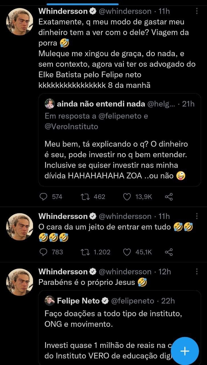 Whindersson Nunes e Felipe Neto trocam farpas Foto ReproduoTwitter