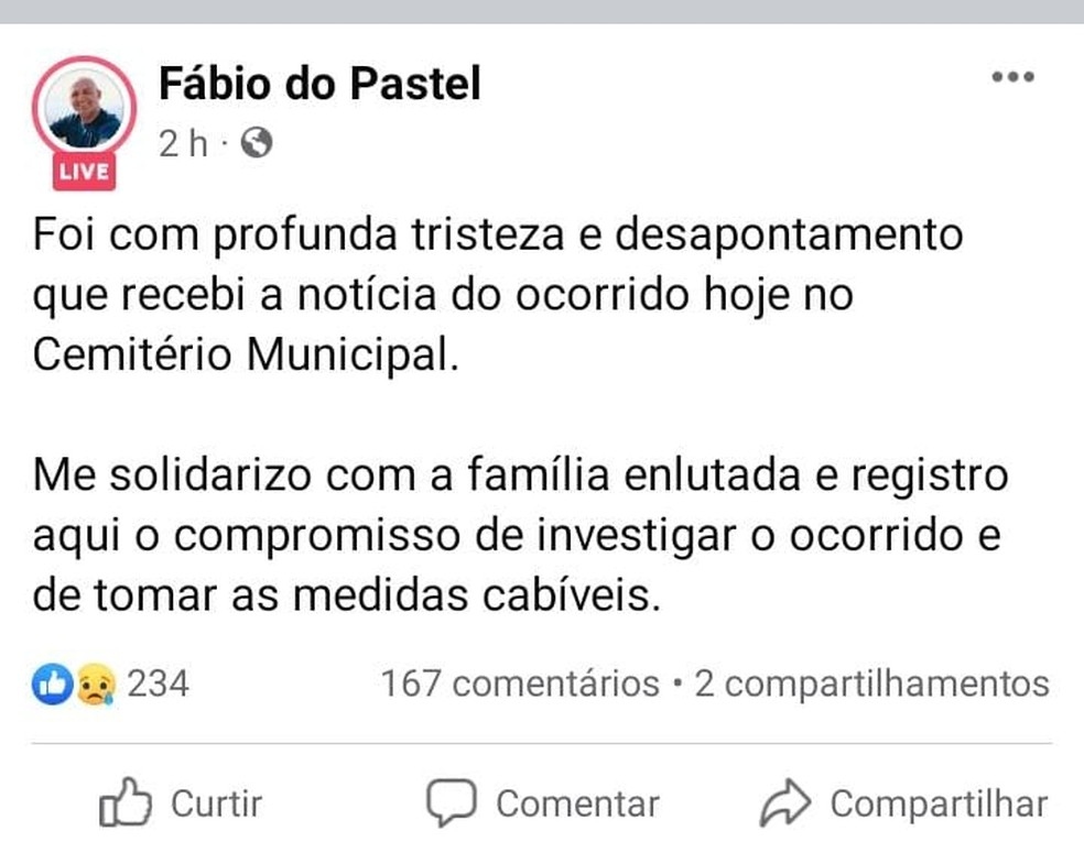 Prefeito de So Pedro da Aldeia RJ publicou mensagem sobre ocorrido em cemitrio da cidade Foto ReproduoFacebook