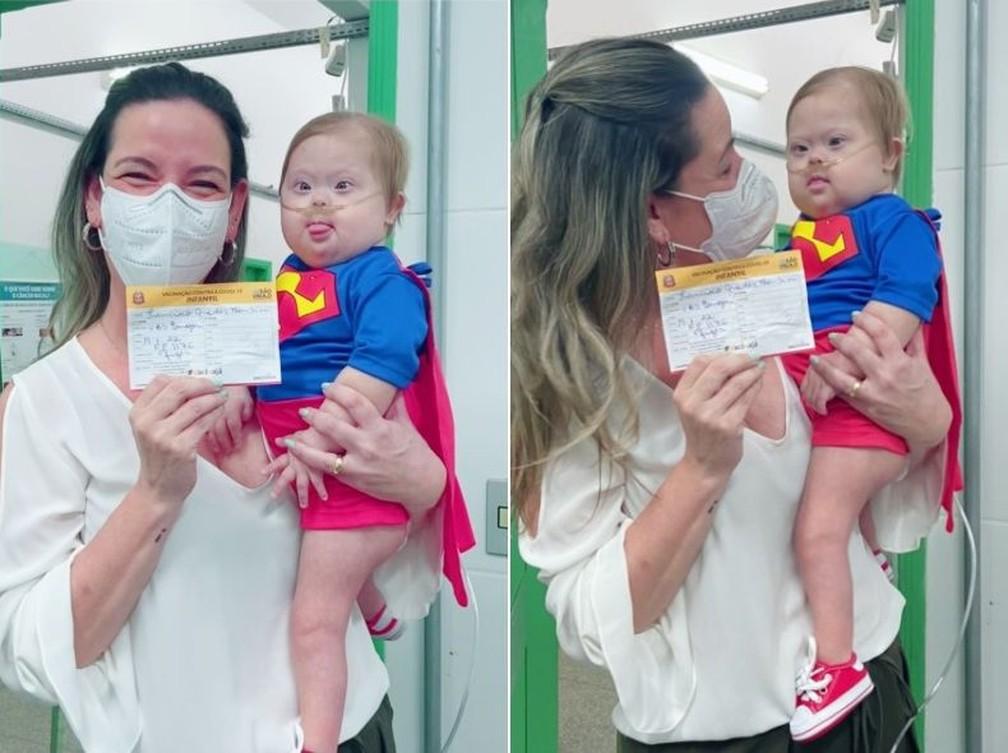 Francisco Bombini conhecido nas redes como Super Chico recebeu a primeira dose da vacina contra a Covid em Bauru Foto Daniela Guedes BombiniArquivo pessoal 