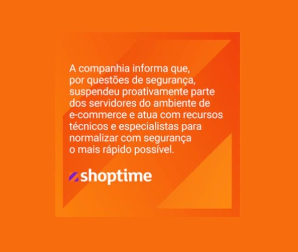 Aviso no site da Shoptime sobre a instabilidade no site Foto Reproduo