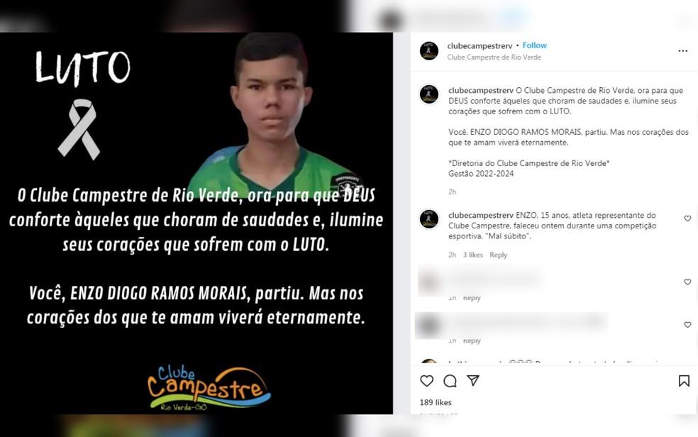 Nota do Clube Campestre de Rio Verde lamenta morte de jogador de 15 anos em Gois Foto ReproduoInstagram