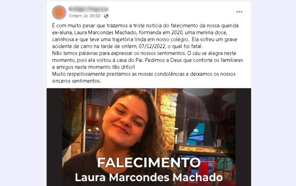 Escola onde Laura estudou fez homenagem nas redes sociais Foto FacebookReproduo